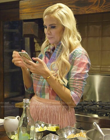 Kameron’s pink plaid shirt and fringed skirt on The Real Housewives of Dallas
