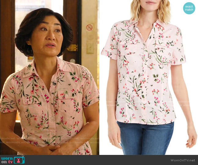 Karen Scott Petite Short-Sleeve Floral-Print Button-Down Shirt worn by Mrs Kim (Jean Yoon) on Kims Convenience