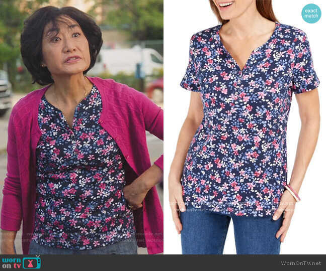 Karen Scott Floral Henley Top worn by Mrs Kim (Jean Yoon) on Kims Convenience