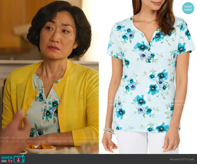 Kendra Scott Floral-Print Henley Top worn by Mrs Kim (Jean Yoon) on Kims Convenience