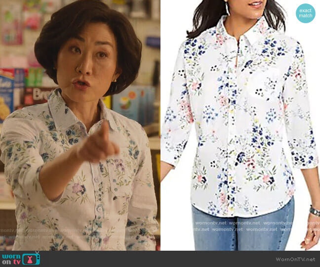 Karen Scott White Floral Blouse worn by Mrs Kim (Jean Yoon) on Kims Convenience