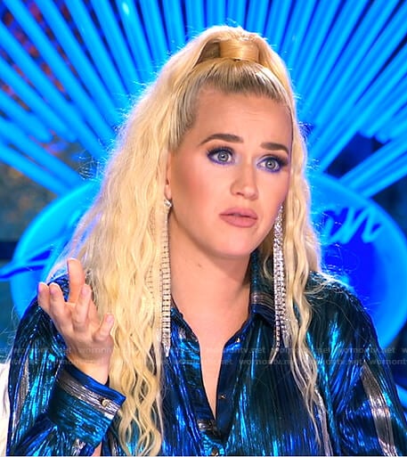 Katy’s metallic blue shirtdress and fringe earrings on American Idol
