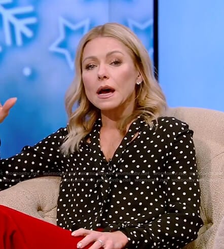 Kelly’s polka dot blouse and flare pants on Live with Kelly and Ryan