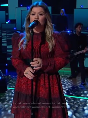 Kelly’s red floral print puff sleeve dress on The Kelly Clarkson Show