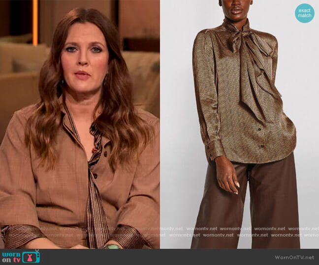 Kiton Printed Silk Pussybow Blouse worn by Drew Barrymore on The Drew Barrymore Show