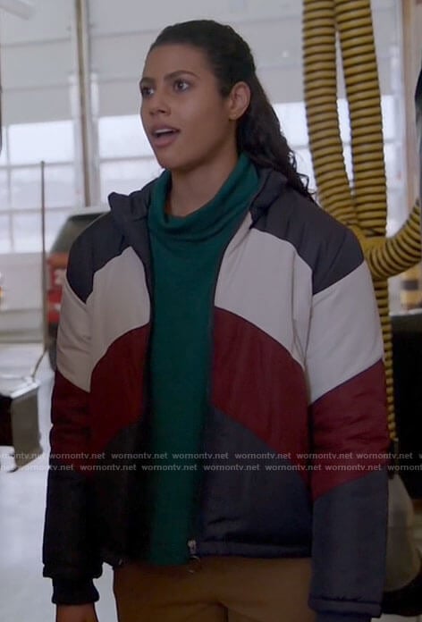 Kylie’s colorblock puffer jacket on Chicago Fire