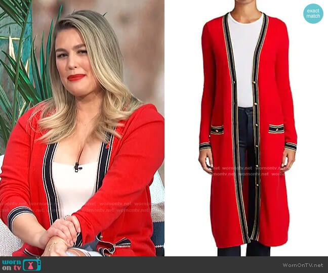 L'Agence Tinsley Trim Longline Cardigan worn by Carissa Loethen Culiner on E! News
