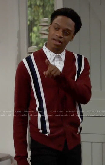 Lane’s red striped v-neck cardigan on Call Your Mother
