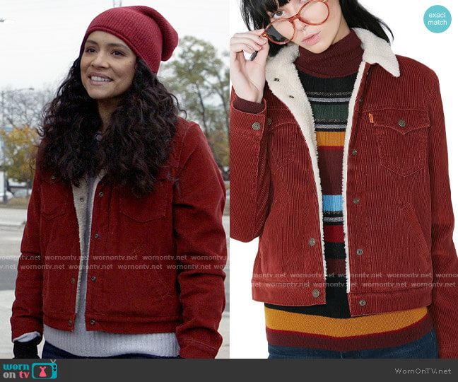 Levis Sherpa Trucker Jacket worn by Stella Kidd (Miranda Rae Mayo) on Chicago Fire