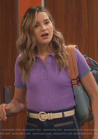 Lex’s purple ribbed heart polo on Side Hustle