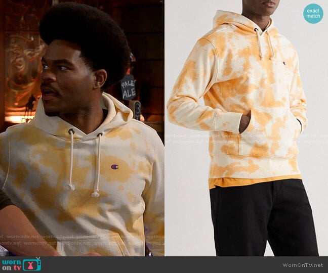 Champion Logo-Embroidered Tie-dyed Hoodie in Orange worn by Carter (Julian Gant) on Call Me Kat