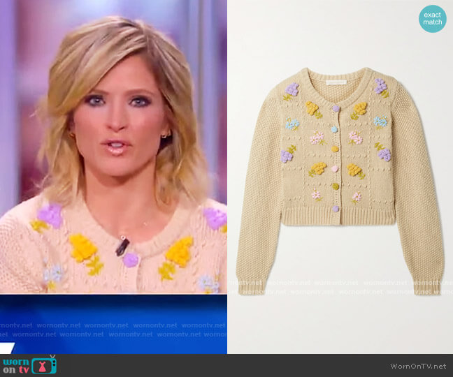 Love Shack Fancy Briallon embroidered knitted cardigan worn by Sara Haines on The View