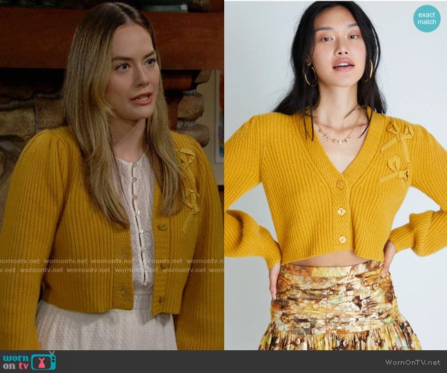 LoveShackFancy Avignon Cardigan in Mustard worn by Hope Logan (Annika Noelle) on The Bold and the Beautiful