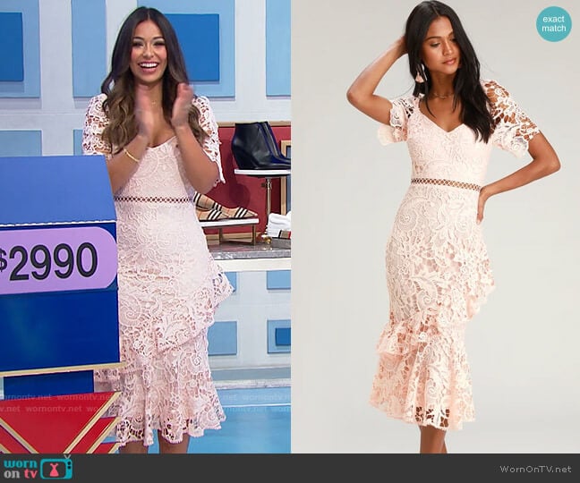 Lulus Briarwood Blush Pink Lace Ruffled Midi Dress worn by Manuela Arbeláez on The Price is Right
