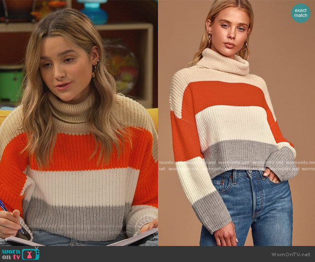 Lulus Stepping It Up Cream Multi Color Block Knit Turtleneck Sweater worn by Lex (Jules LeBlanc) on Side Hustle