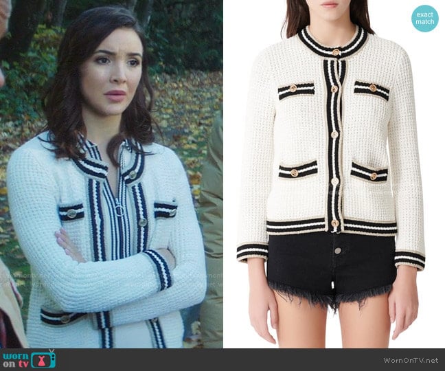 Maje Marquette Metallic Detail Waffle Knit Cotton & Linen Blend Cardigan worn by Bess (Maddison Jaizani) on Nancy Drew