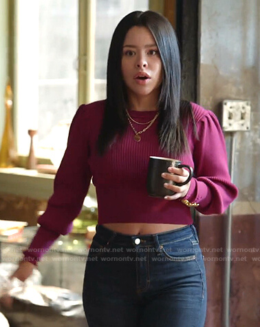 Mariana’s purple puff sleeve sweater on Good Trouble