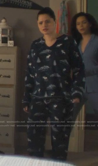 Mel’s blue moose and mountain print pajamas on Charmed