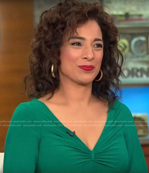 Michelle Miller’s green long sleeved dress on CBS This Morning