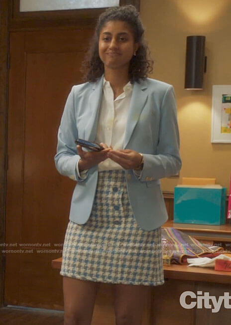 Mikaela’s blue blazer and houndstooth skirt on Mr Mayor