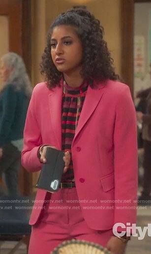 Mikaela’s plaid top and pink suit on Mr Mayor