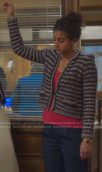 Mikaela’s striped tweed cardigan on Mr Mayor