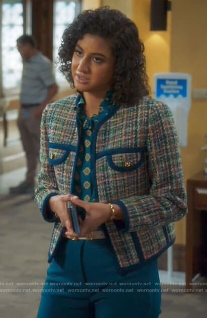 Mikaela’s teal green tweed jacket and printed blouse on Mr Mayor