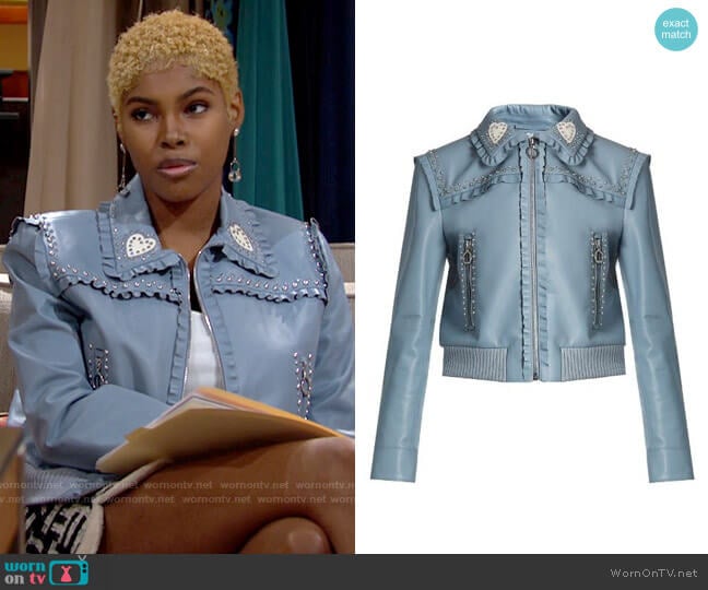 Miu Miu Crystal and Stud Embellished Leather Jacket worn by Paris Buckingham (Diamond White) on The Bold and the Beautiful