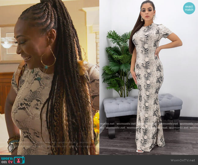 Moda Fina Open Back Snake Print Maxi Dress worn by Cynthia Bailey on The Real Housewives of Atlanta