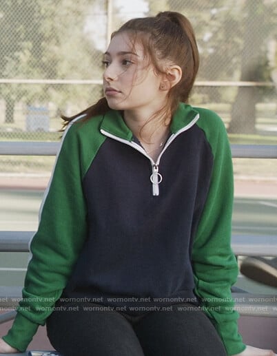 Natalie’s navy and green colorblock sweatshirt on The Unicorn