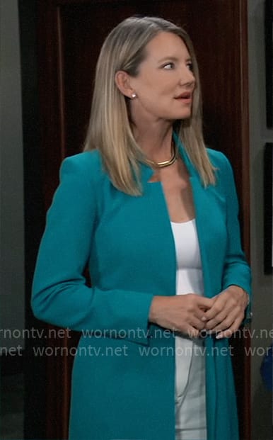 Nina’s turquoise inverted collar blazer on General Hospital