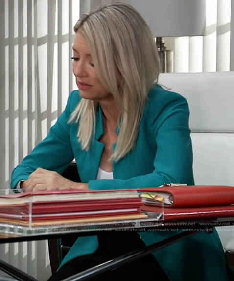 Nina’s turquoise inverted collar blazer on General Hospital