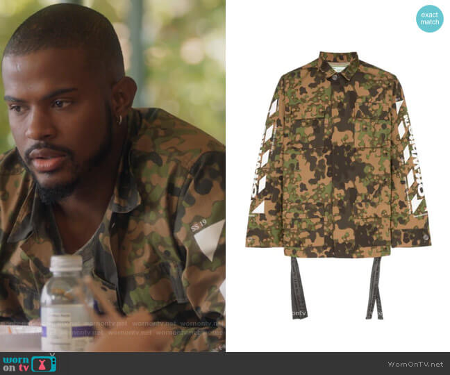 Off-White Camouflage Print Field Jacket worn by Aaron Jackson (Trevor Jackson) on Grown-ish