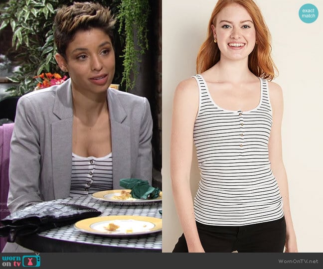 Old Navy Fitted Rib-Knit Henley Tank  in White Stripe worn by Elena Dawson (Brytni Sarpy) on The Young and the Restless