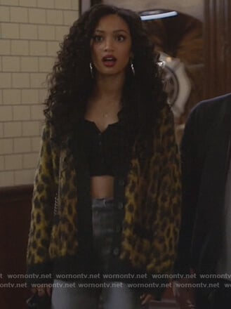 Olivia’s yellow leopard fuzzy cardigan on All American