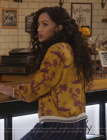 Olivia’s yellow palm print bomber jacket on All American