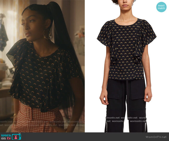 Opening Ceremony Mini Rainbow Silk Ruffle Top worn by Zoey Johnson (Yara Shahidi) on Grown-ish