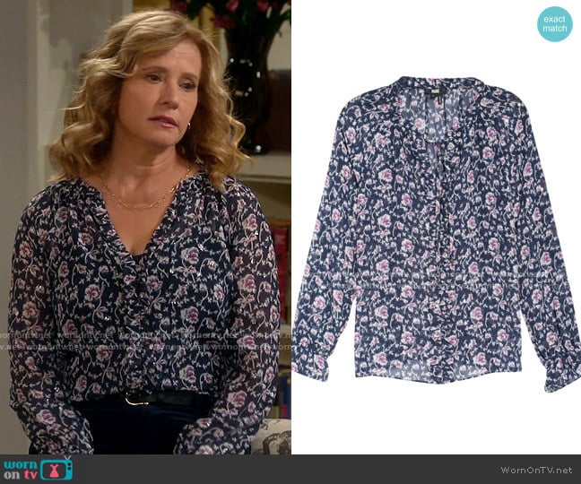 Paige Roma Blouse in Dark Ink Blue worn by Vanessa Baxter (Nancy Travis) on Last Man Standing