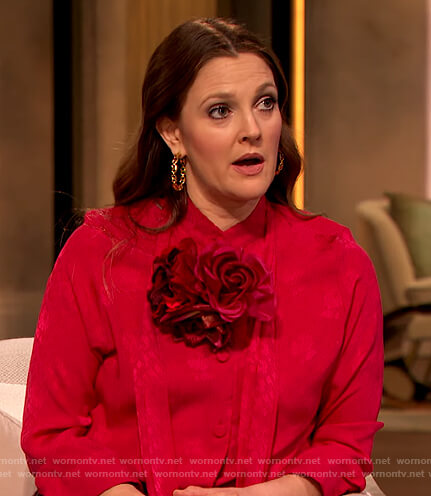 Drew’s pink tie neck blouse on The Drew Barrymore Show