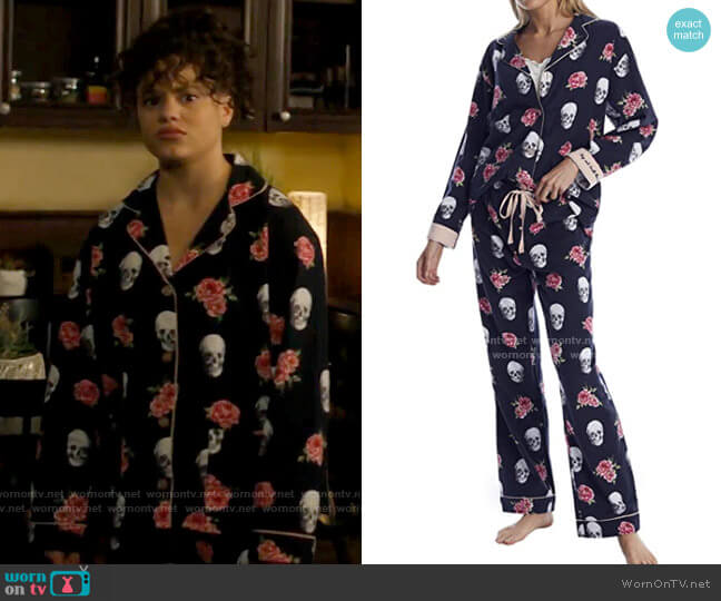 PJ Salvage Flannel Pajama Set in Skull Roses worn by Maggie Vera (Sarah Jeffery) on Charmed