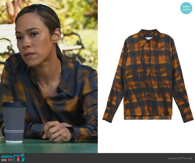 Proenza Schouler Hammered Charmeuse Plaid Button-Up Shirt worn by Emily Lopez (Jessica Camacho) on All Rise