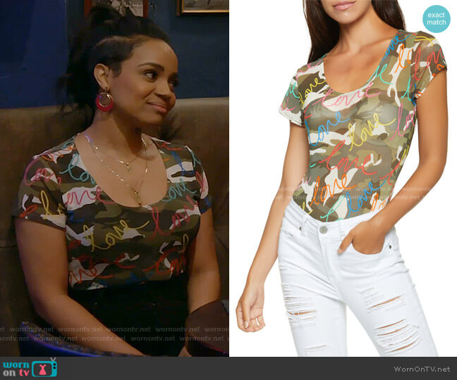 Rainbow Camo Love Graphic Bodysuit worn by Randi (Kyla Pratt) on Call Me Kat