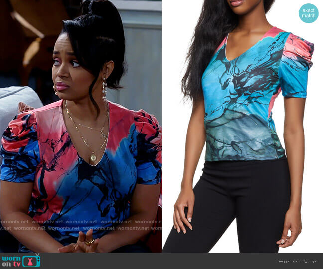 Printed Puff Sleeve Top from Rainbow worn by Randi (Kyla Pratt) on Call Me Kat