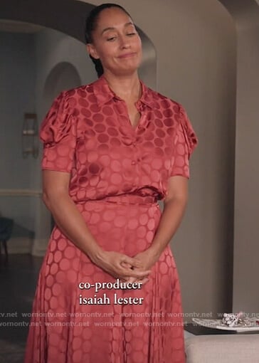 Rainbow’s burgundy satin polka dot blouse and skirt on Black-ish