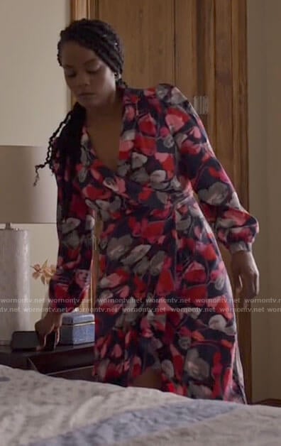 Sabrina’s navy and red floral wrap dress on Tyler Perrys Sistas