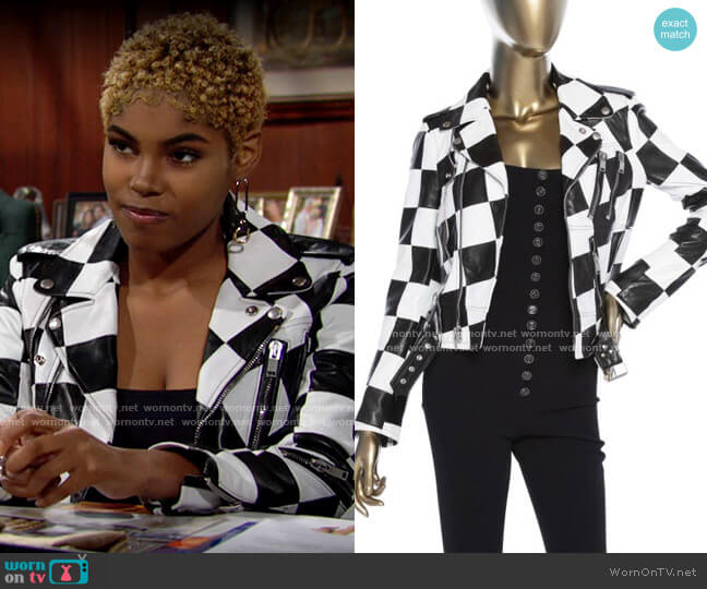 Saint Laurent Checkered Moto Jacket worn by Paris Buckingham (Diamond White) on The Bold and the Beautiful