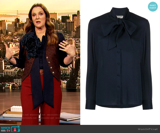Saint Laurent Pussy Bow Detail Shirt worn by Drew Barrymore on The Drew Barrymore Show