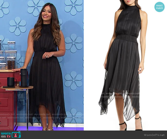 Sam Edelman Tonal Stripe Shark Bite Hem Halter Dress worn by Manuela Arbeláez on The Price is Right