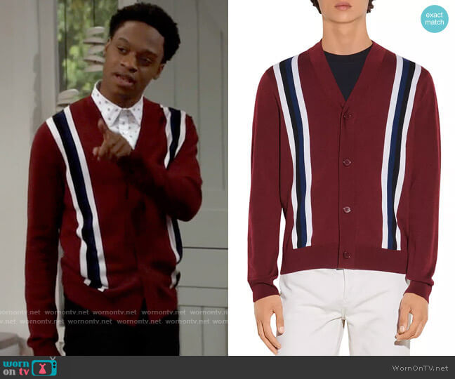 Sandro College Wool Striped Button Cardigan in Bordeaux worn by Lane (Austin Crute) on Call Your Mother