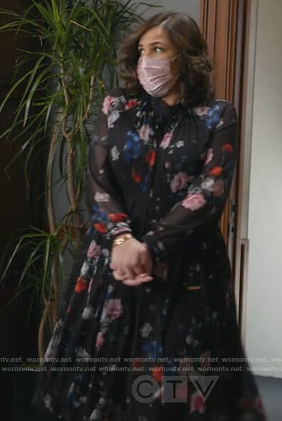 Sara’s black floral pleated dress on All Rise